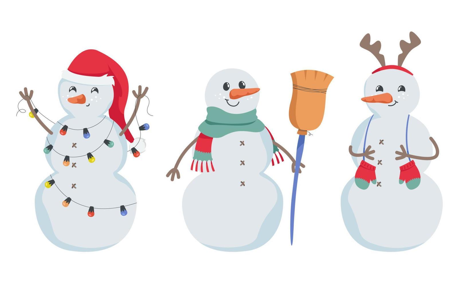 conjunto de bonecos de neve diferentes. personagens de natal em estilo cartoon. vetor