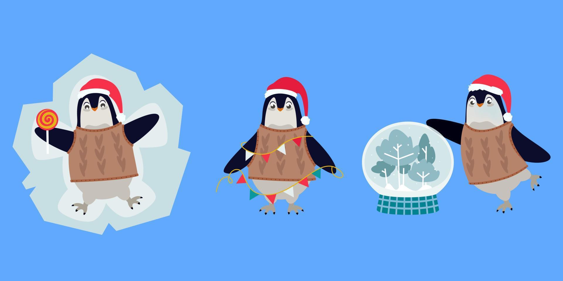 pinguim em poses diferentes. personagem de natal fofo. vetor