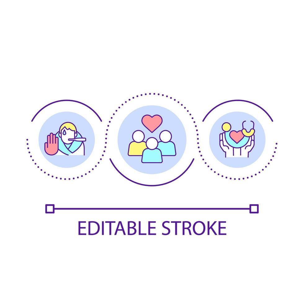 ícone de conceito de loop de serviços de cuidados médicos comunitários. prevenção de doença. ilustração de linha fina de idéia abstrata de assistência social. desenho de contorno isolado. traço editável. vetor