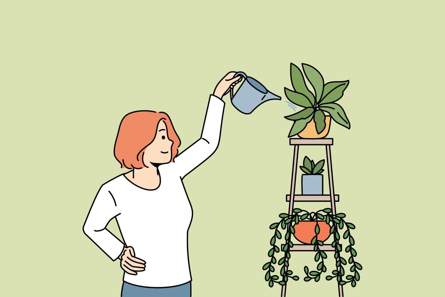 plantas da casa e conceito de botânica. mulher sorridente em pé e regando plantas verdes em crescimento com lata cuidando ilustração vetorial vetor
