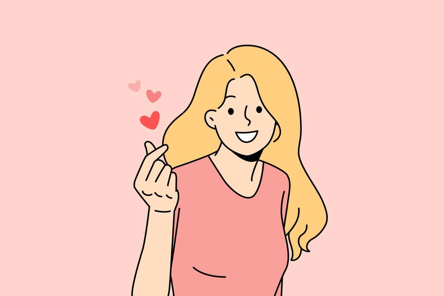 expressando o conceito de amor e romance. jovem garota positiva sentindo amor e cuidado nos dedos e mãos sobre ilustração vetorial de fundo de ar rosa vetor