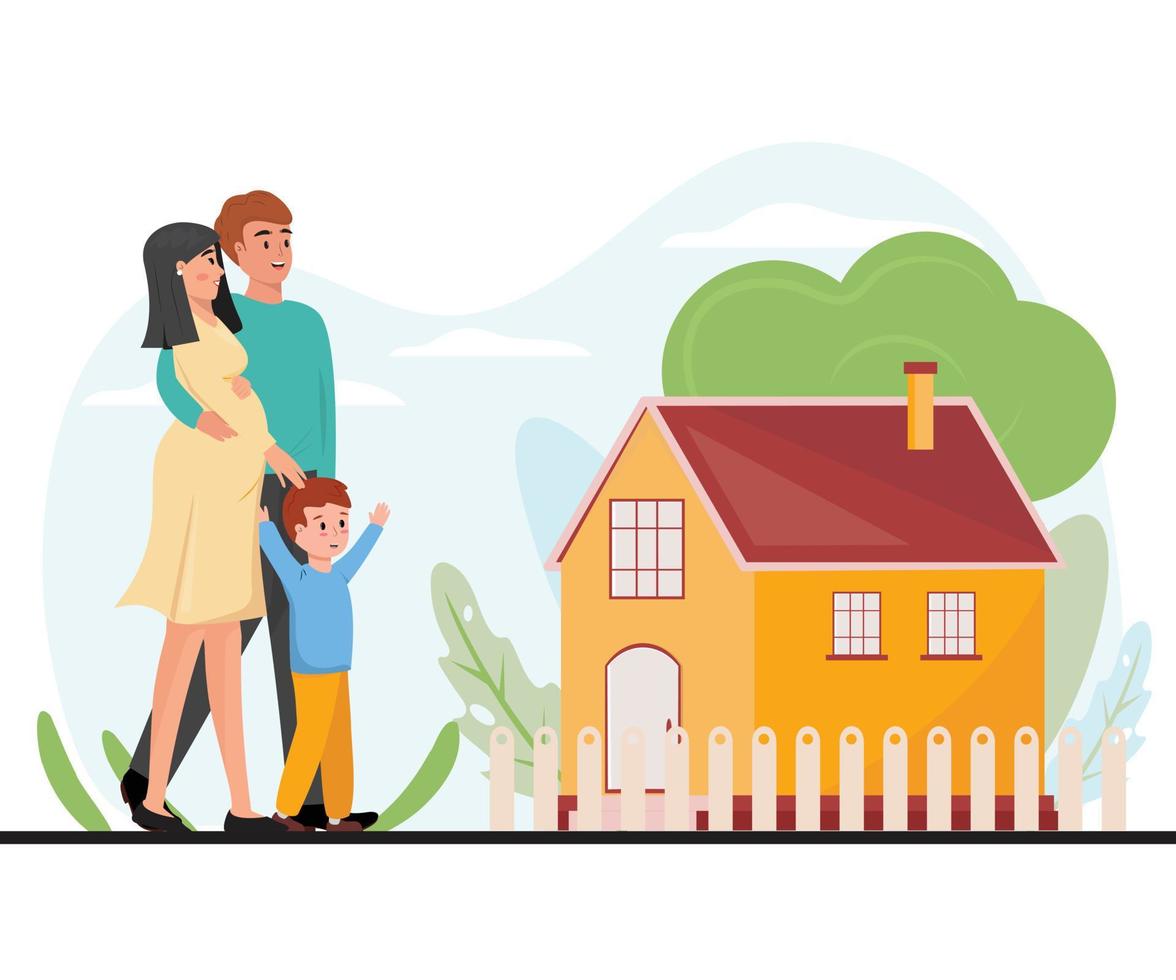 família feliz esperando uma adição e comprando sua própria casa. homem, mulher grávida e um menino. ilustração plana dos desenhos animados com uma família e uma casa. hipoteca, realocando, propriedade, ilustração do conceito. vetor