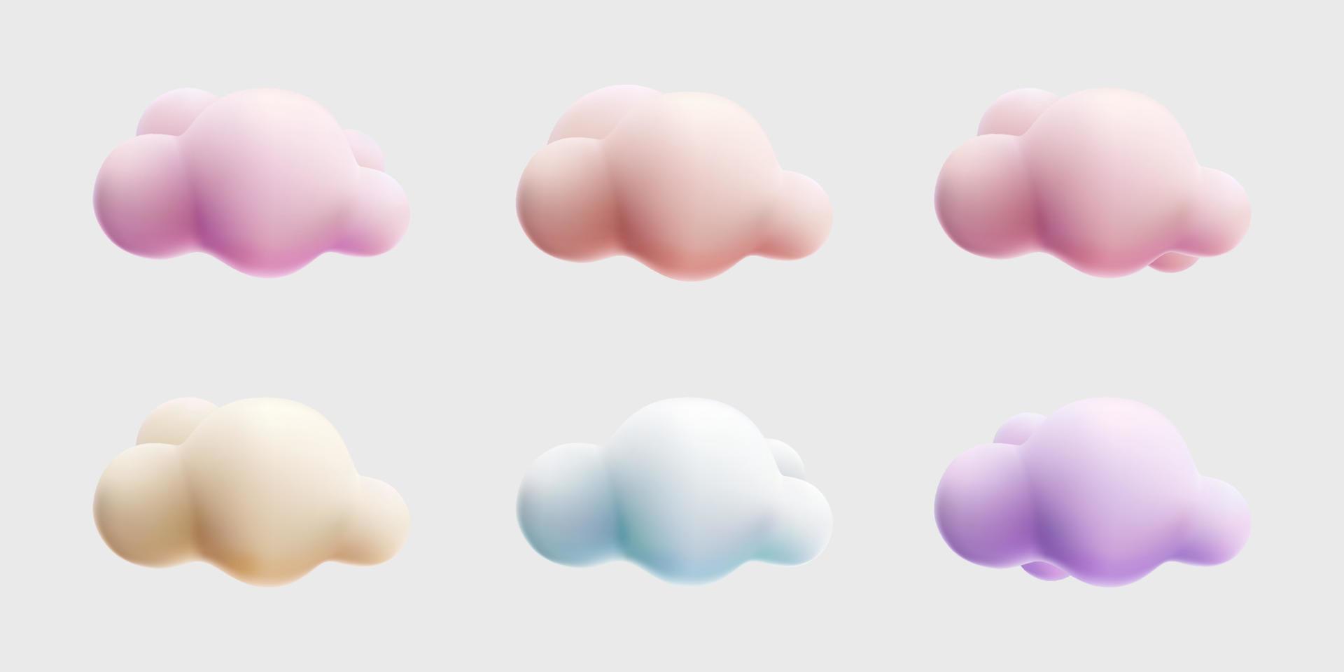 Conjunto de coleção de estilo de desenho animado collorfull de nuvem 3D. creme roxo azul rosa pastel vetor