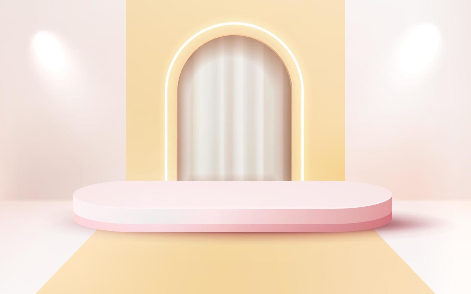 pódio pastel rosa de luxo renderizado 3d com vitrine de cortina branca vetor