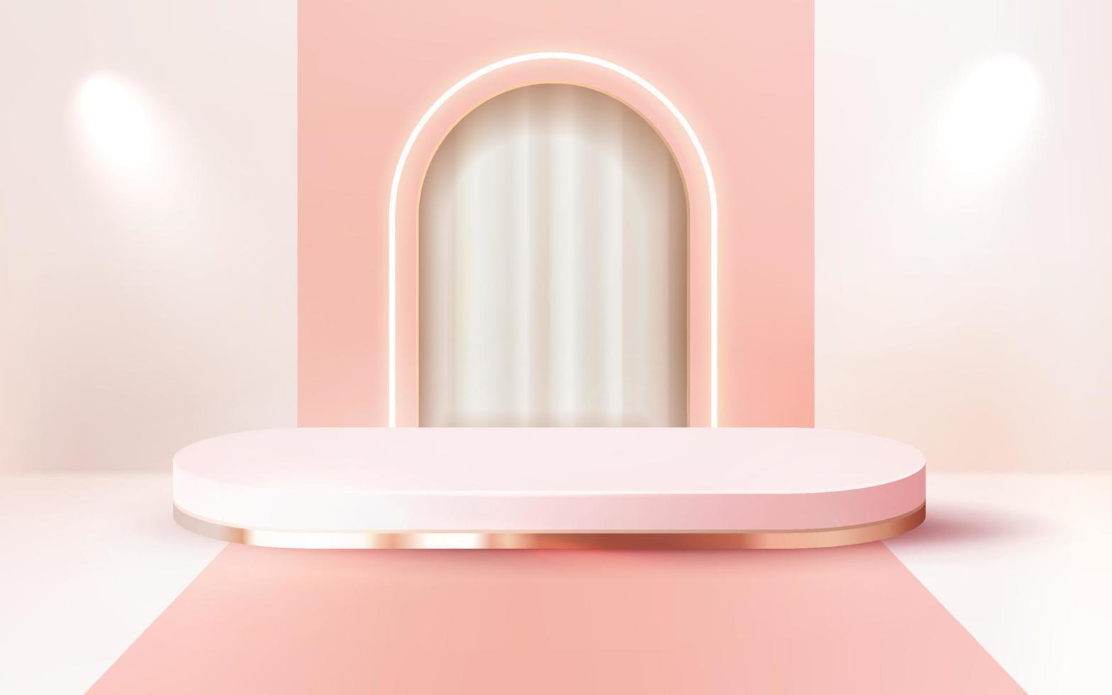 pódio pastel rosa de luxo renderizado 3d com vitrine de cortina branca vetor