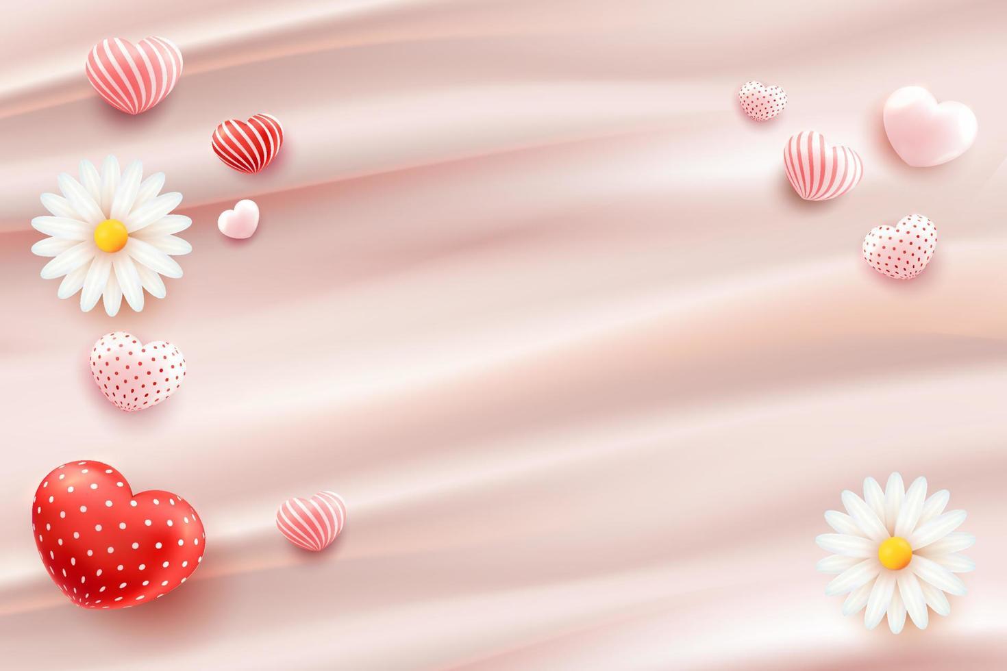 fundo ondulado líquido de cena de cortina abstrata 3d rosa com estilo de renderização de malha de vetor 3d de coração de amor de flor