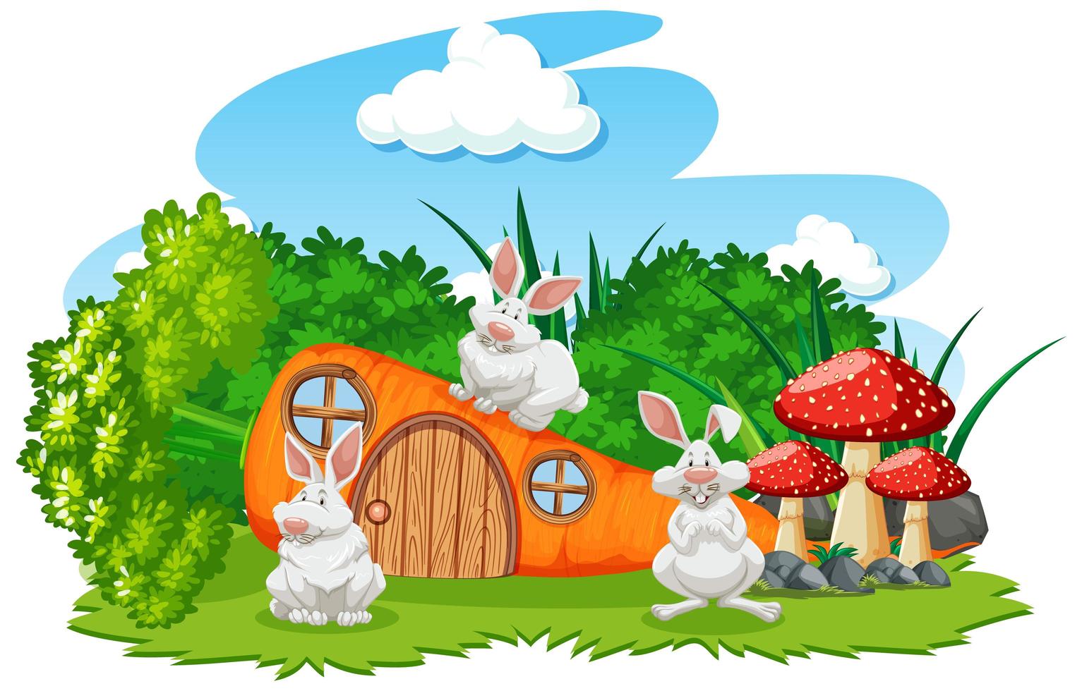 casa de cenoura com estilo cartoon de três coelhos vetor