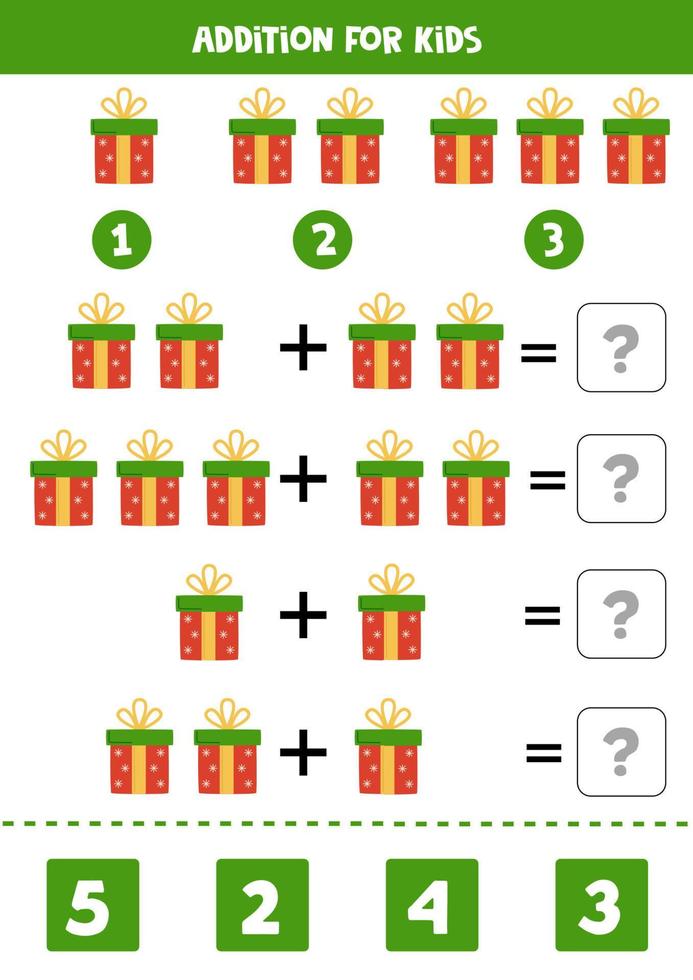 adição para crianças com presentes de natal desenhados à mão. vetor