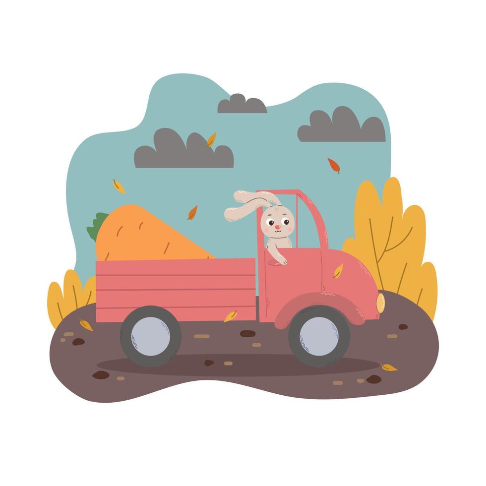 coelho de desenho animado carrega cenoura em um caminhão em estilo simples. vetor
