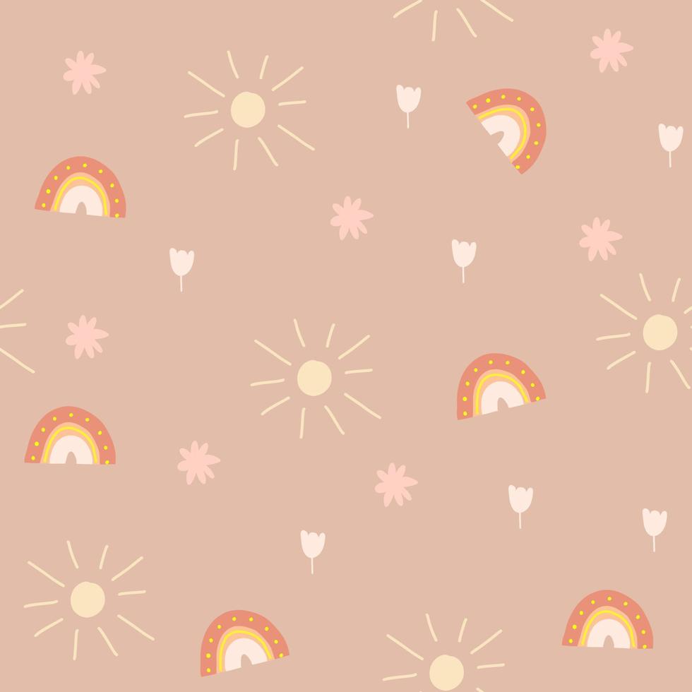 padrão perfeito com sol, flores e arco-íris, impressão infantil para papel de parede, design de capa, tecido infantil, interior e decoração de berçário, ilustração pastel de chá de bebê em estilo doodle, fundo claro. vetor