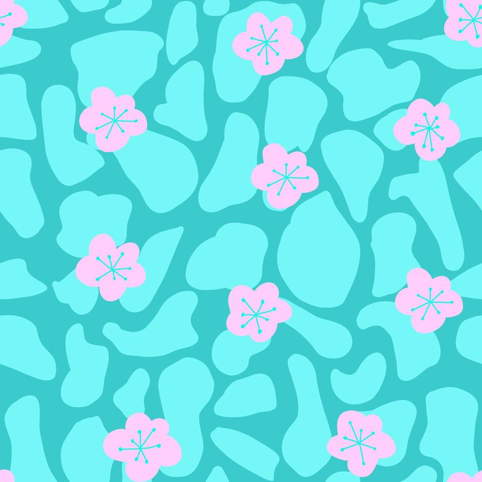 padrão perfeito com flores abstratas cor de rosa e textura de pele animal em fundo azul, impressão para papel de parede, têxteis infantis, moda bebê, ilustração feminina com motivo botânico vetor