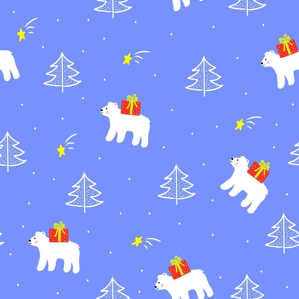 bonito padrão perfeito de natal e ano novo com urso polar branco entregando caixa de presente, impressão de inverno para papel de embrulho, design de interiores e capa, moda infantil vetor