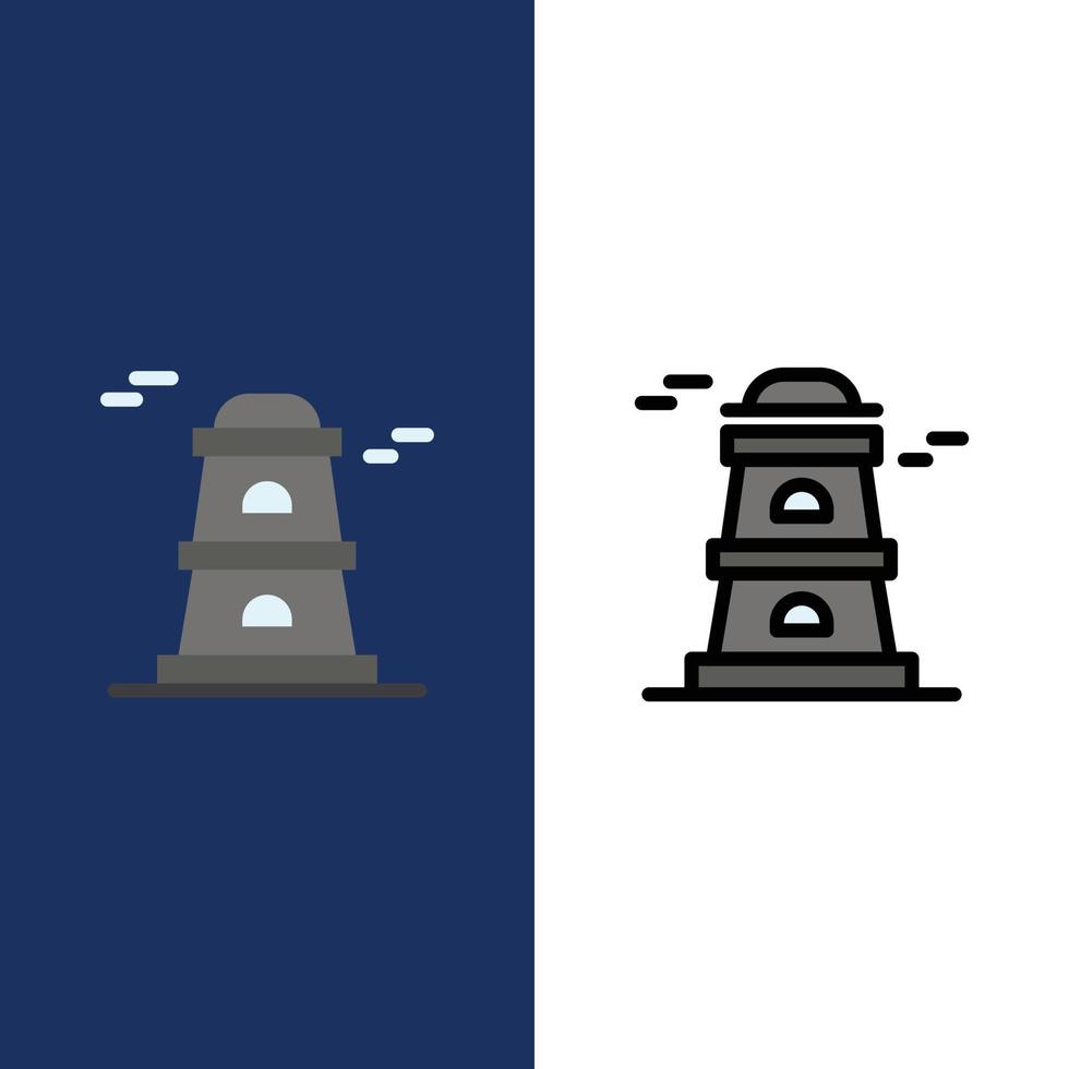 ícones de torre de vigia de torre de observatório plano e conjunto de ícones cheios de linha vector fundo azul