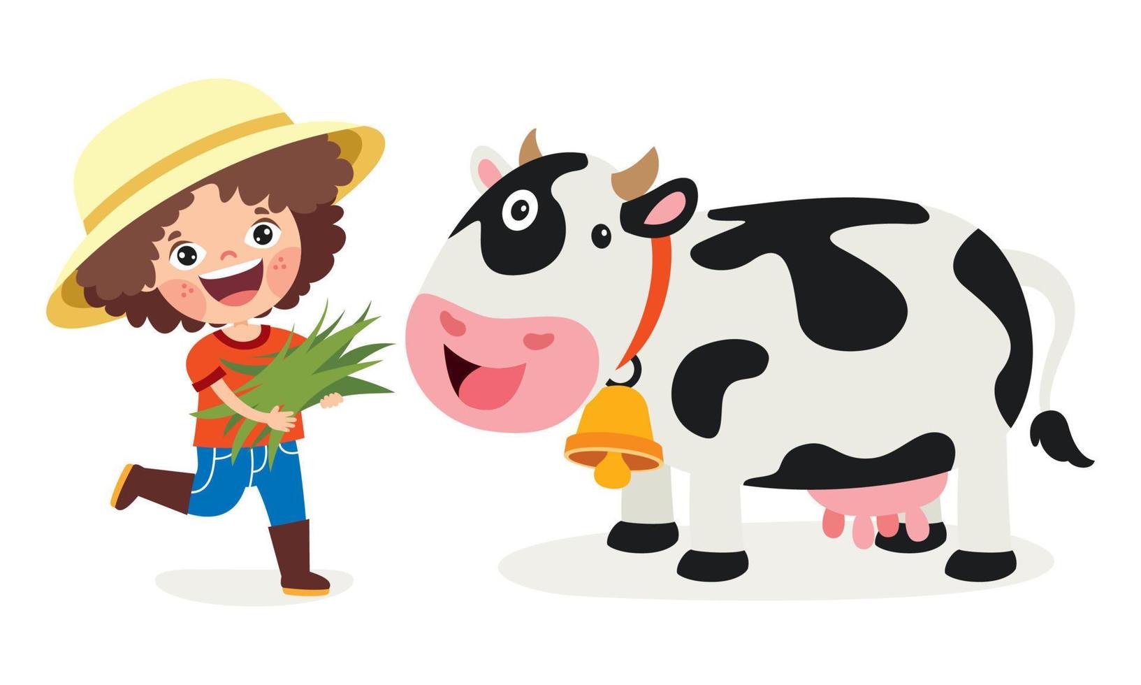garoto de desenho animado alimentando uma vaca vetor