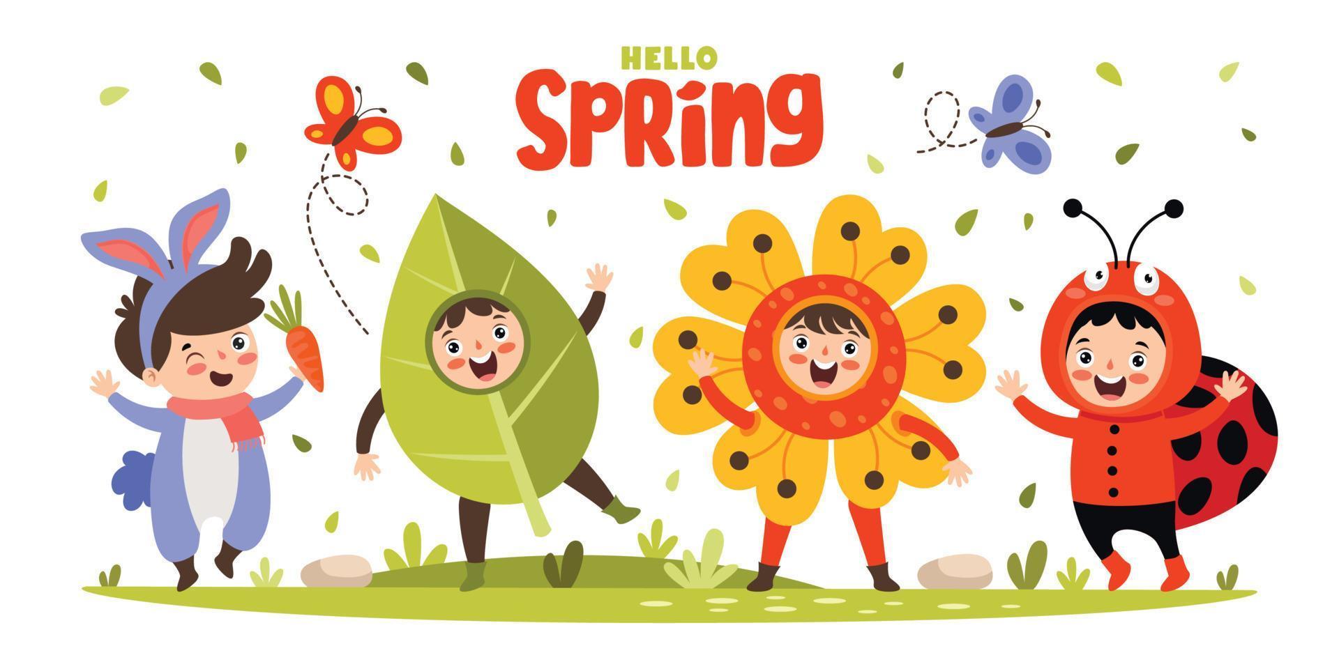 temporada de primavera com crianças de desenhos animados vetor