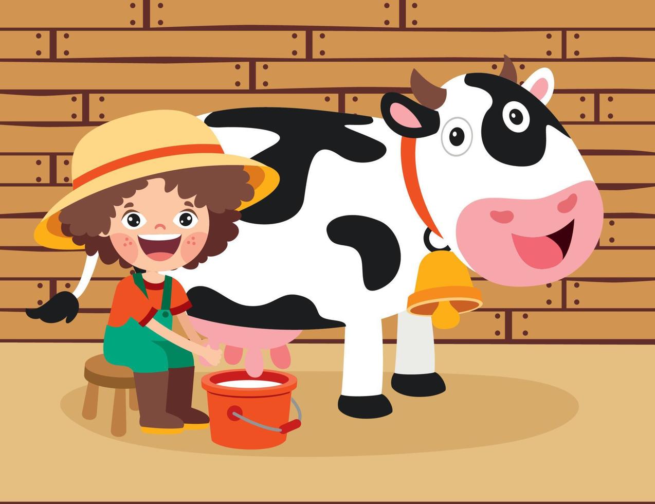 garoto de desenho animado ordenhando uma vaca vetor