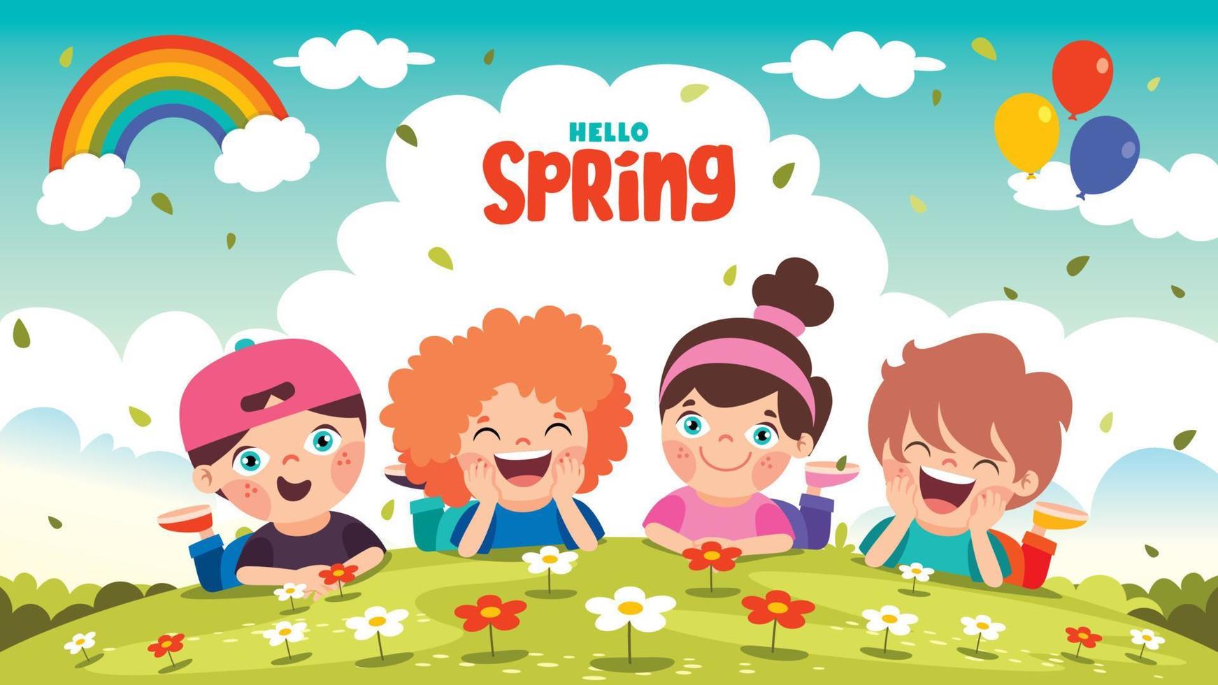 temporada de primavera com crianças de desenhos animados vetor