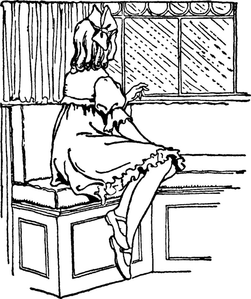 garota olhando pela janela, ilustração vintage. vetor