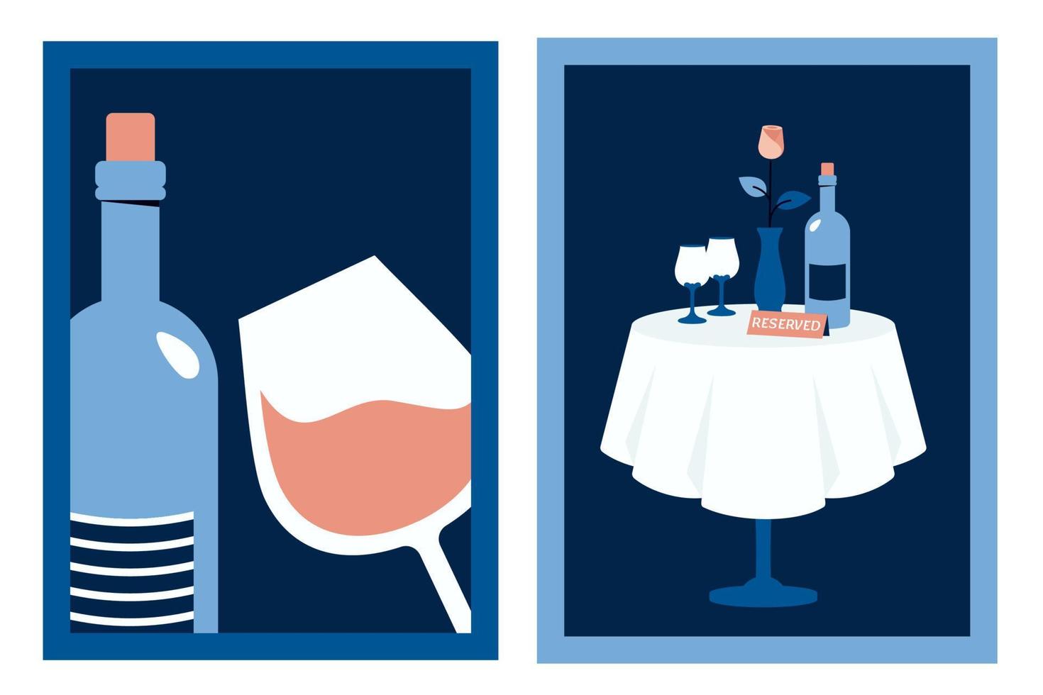 conjunto de cartazes minimalistas verticais com mesa de restaurante, vinho, vidro, flor. cartão de dia dos namorados moderno. ilustração vetorial na moda para férias, jantar romântico, festa, casamento, namoro, convite vetor