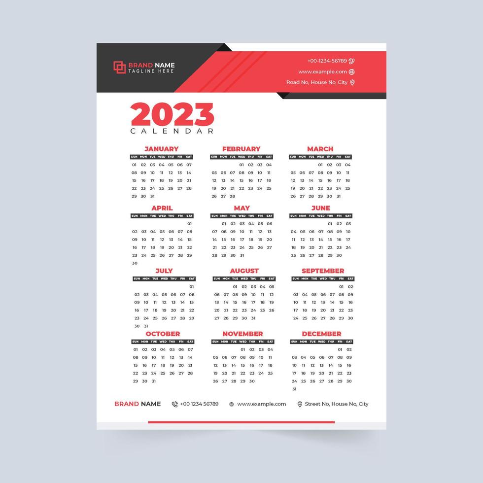 Design de modelo de calendário 2023 com cores amarelas e vermelhas. design minimalista de calendário anual de negócios com formas digitais. modelo de calendário de organizador de mesa editável para o ano de 2023. vetor