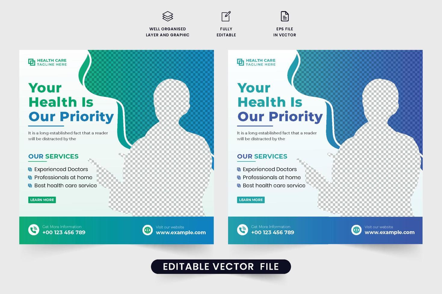 tratamento médico médico e design de modelo de serviço de saúde com cores verdes e azuis. instalações hospitalares e design de cartaz de anúncio de tratamento. modelo médico criativo para mídias sociais. vetor