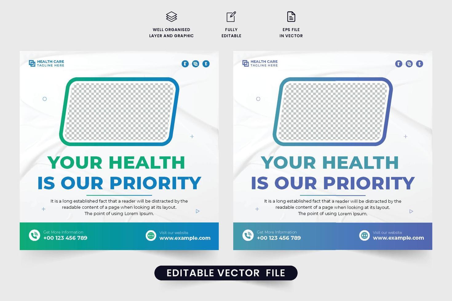 vetor de postagem de mídia social de serviço médico criativo com cores verdes e azuis. design de cartaz de anúncio de tratamento hospitalar especial para marketing. vetor de modelo promocional de serviço de saúde.