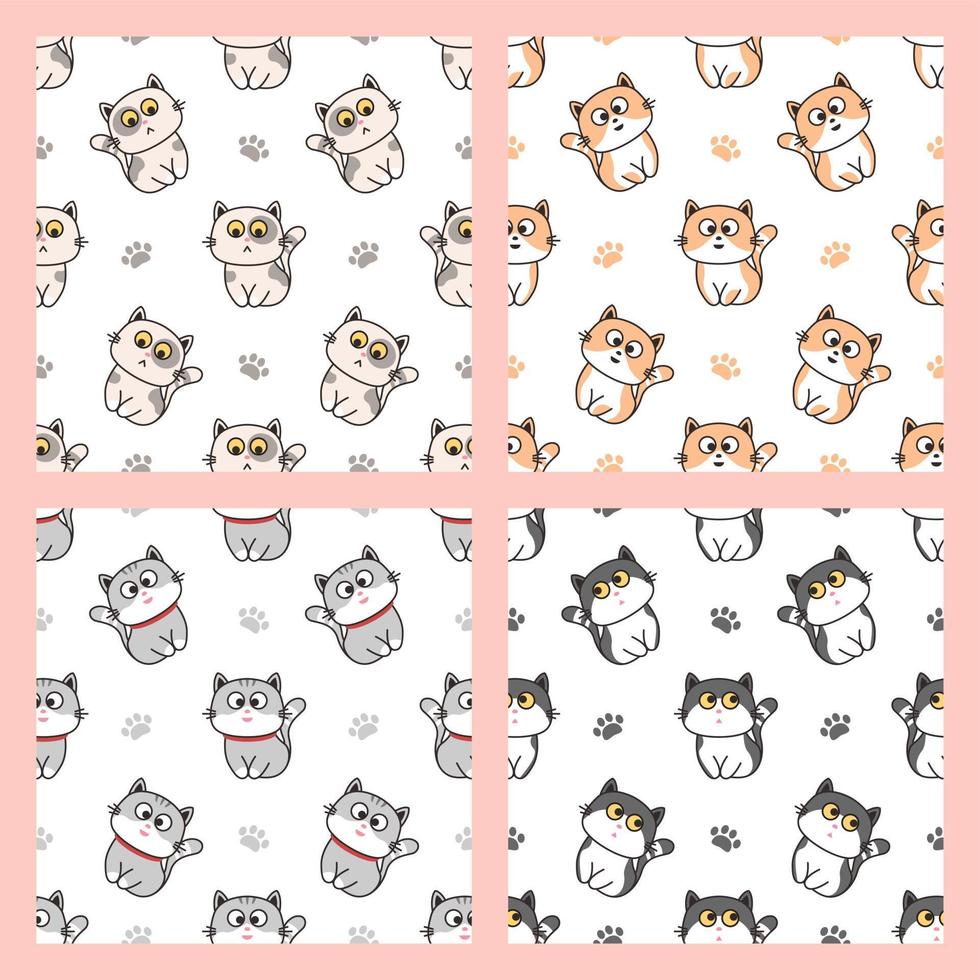 sem costura padrão de desenho animado bonito gato colorido. feliz miau. design de personagens de animais. fundo bonito para impressão têxtil, papel de embrulho, roupas de bebê. conjunto de padrões de gatos fofos vetor