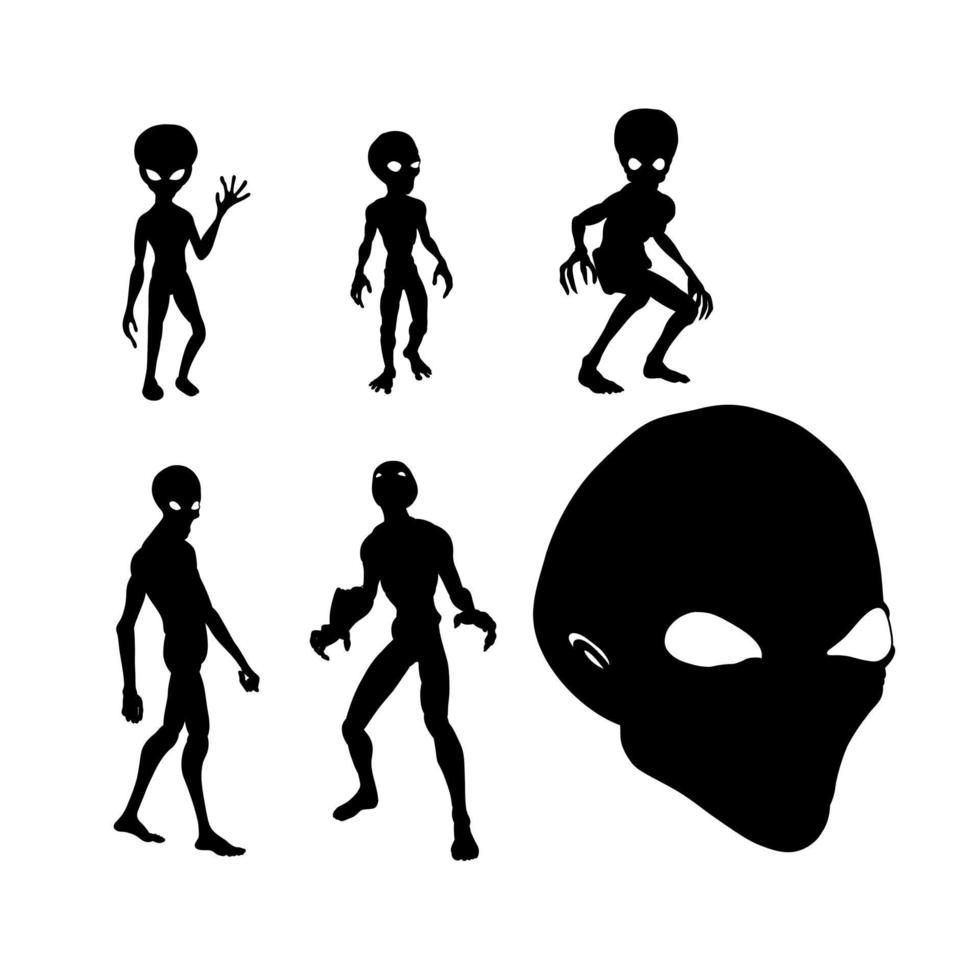 conjunto de desenho vetorial de silhuetas alienígenas de grupo vetor
