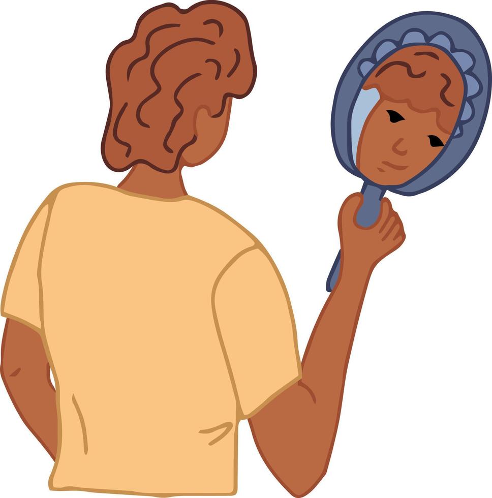 um jovem se olha no espelho, expressando aceitação de sua aparência. homem positivo admirando seu rosto bodypositivo vetor