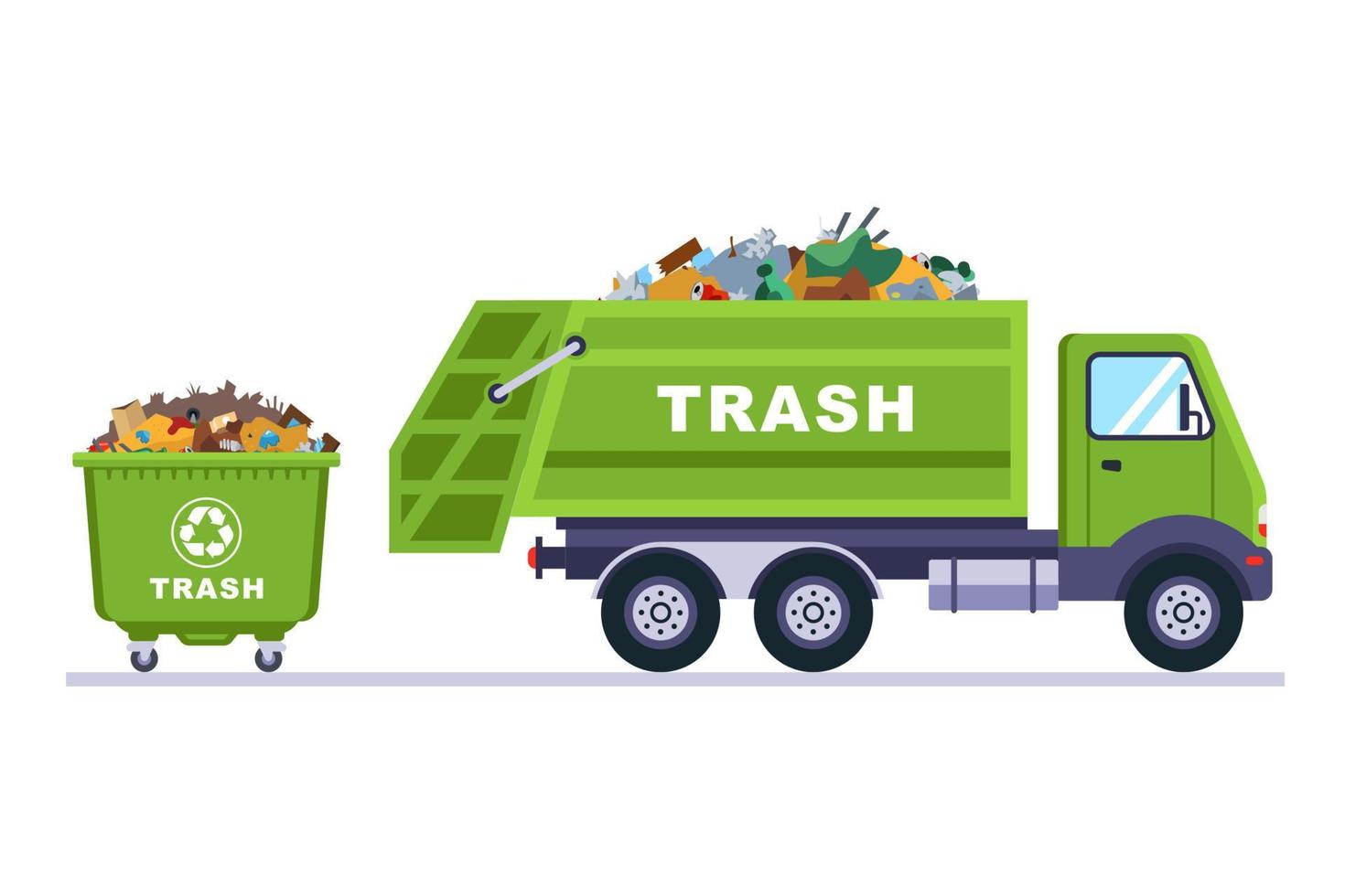 caminhão verde e lata de lixo de plástico. ilustração vetorial plana. vetor