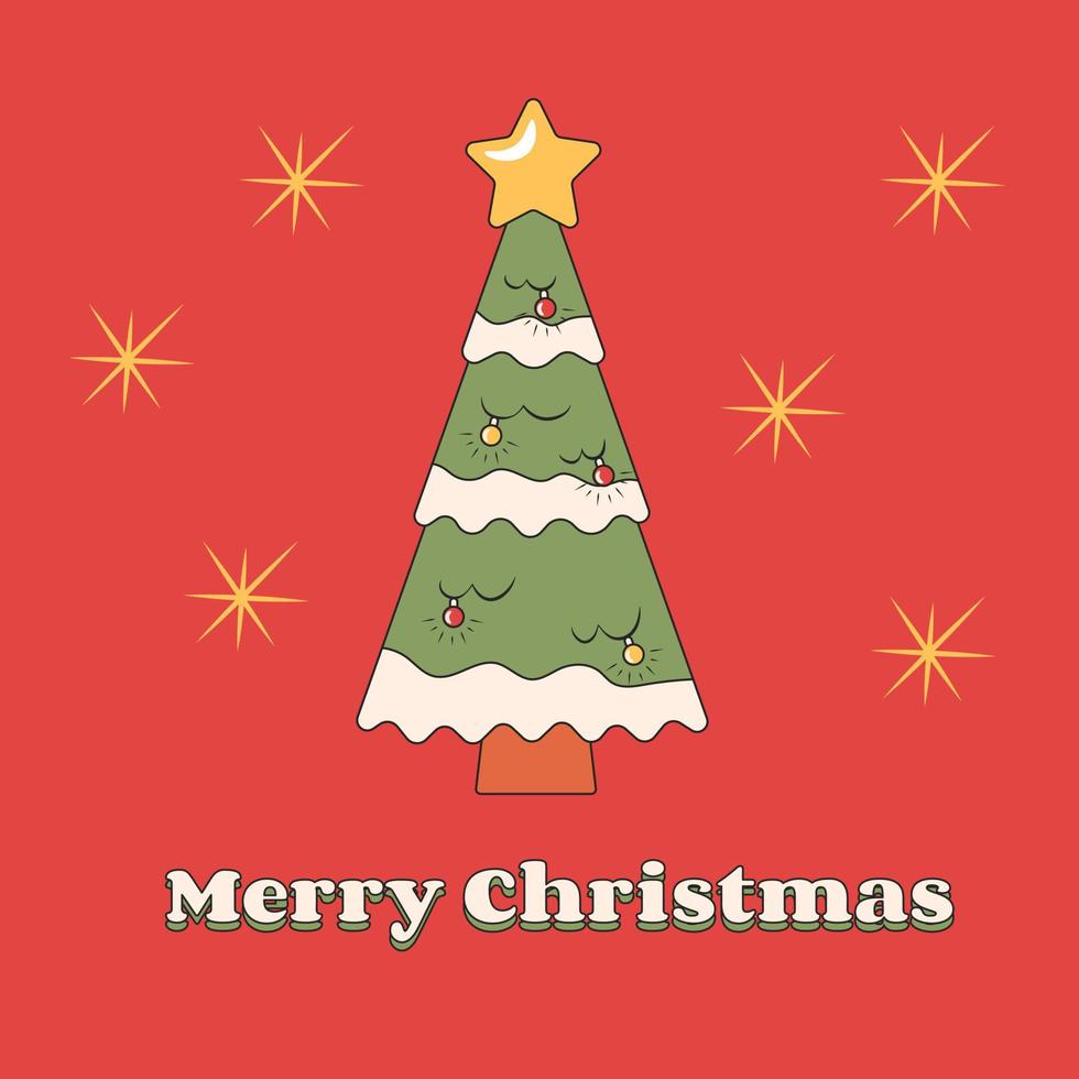 cartão groovy retrô de feliz natal com árvore de natal vetor