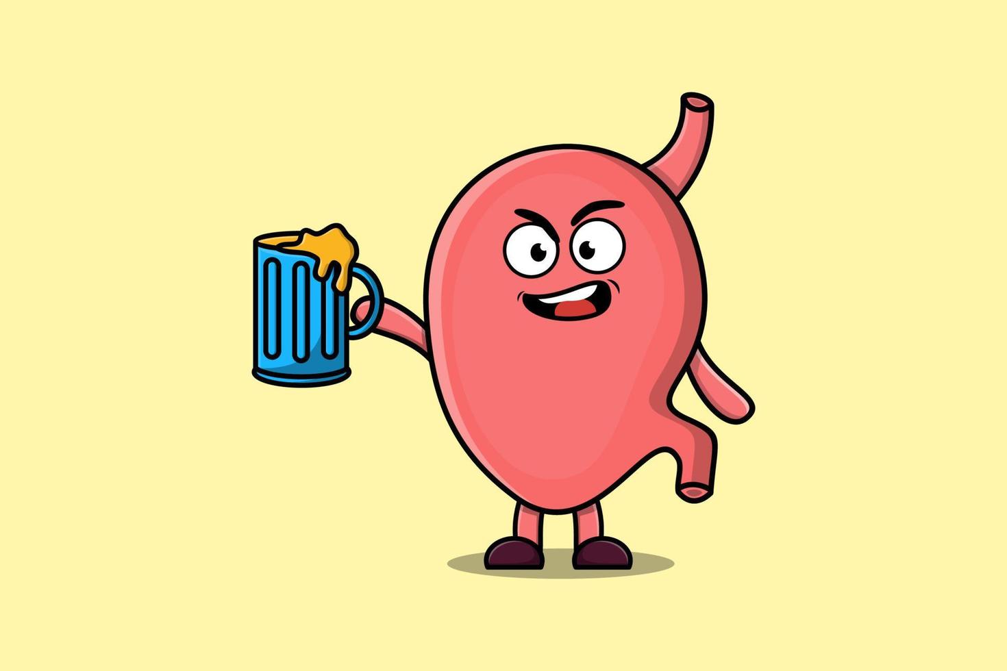 mascote de desenho animado de estômago bonito com copo de cerveja vetor