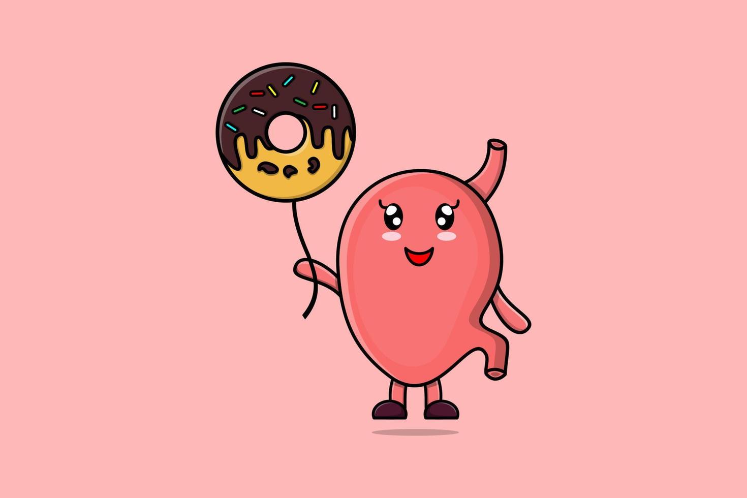 estômago bonito dos desenhos animados flutuando com balão de donuts vetor
