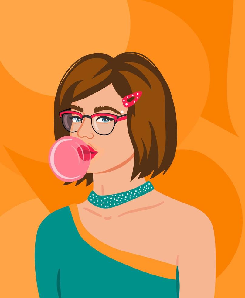 retrato de mulher jovem hippie com chiclete. retrato de garota atraente, avatar de mídia social. vetor