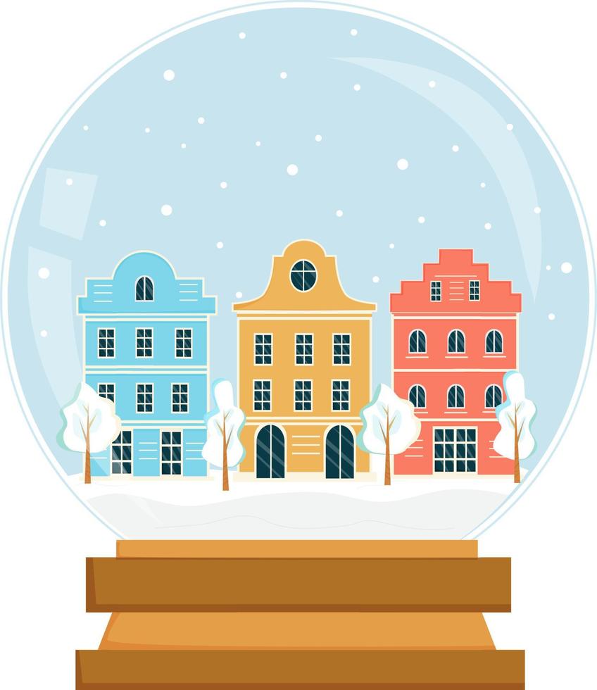 bola de neve de vidro com casas aconchegantes dentro isoladas no fundo branco. lembrancinha de natal. ilustração vetorial em estilo simples. vetor
