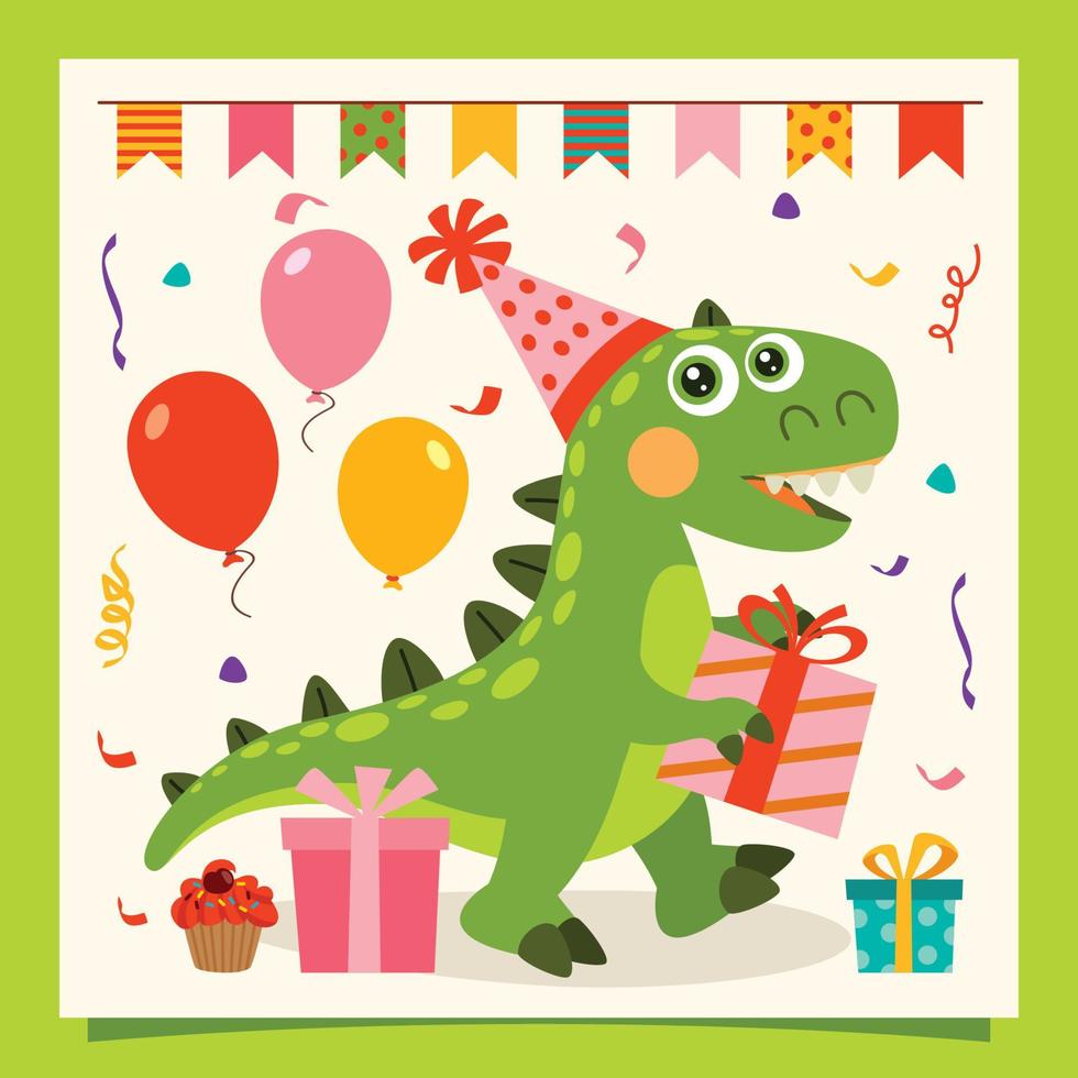 cartão de aniversário com personagem de dinossauro vetor