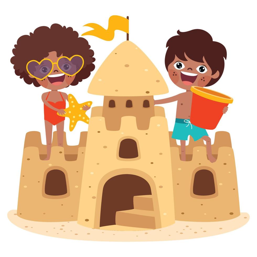 crianças brincando com castelo de areia vetor