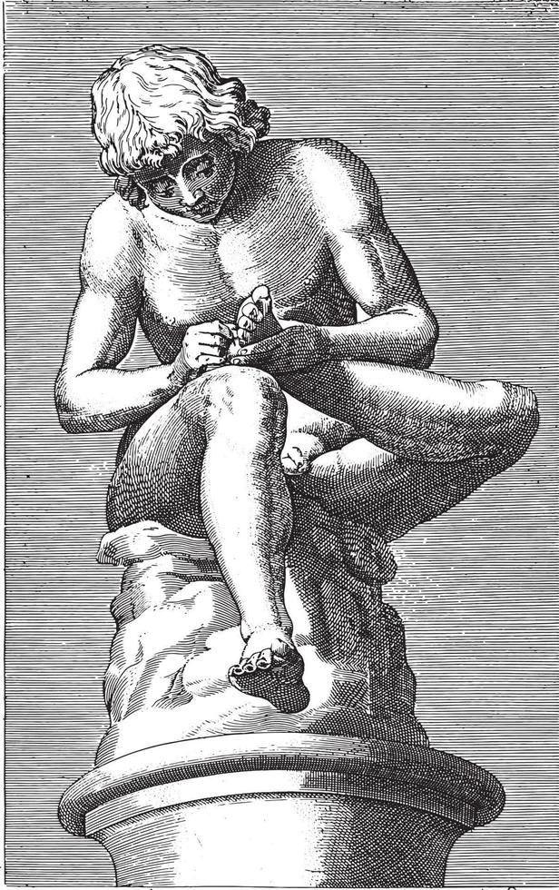 escultura de um menino com um espinho no pé, anônimo, 1584, ilustração vintage. vetor