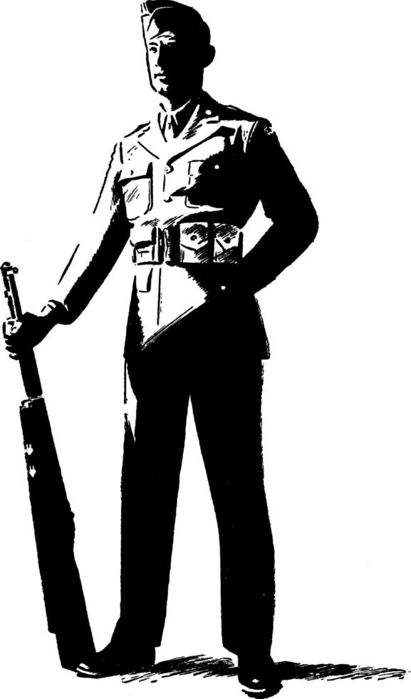 homem do exército em repouso com rifle, ilustração vintage vetor