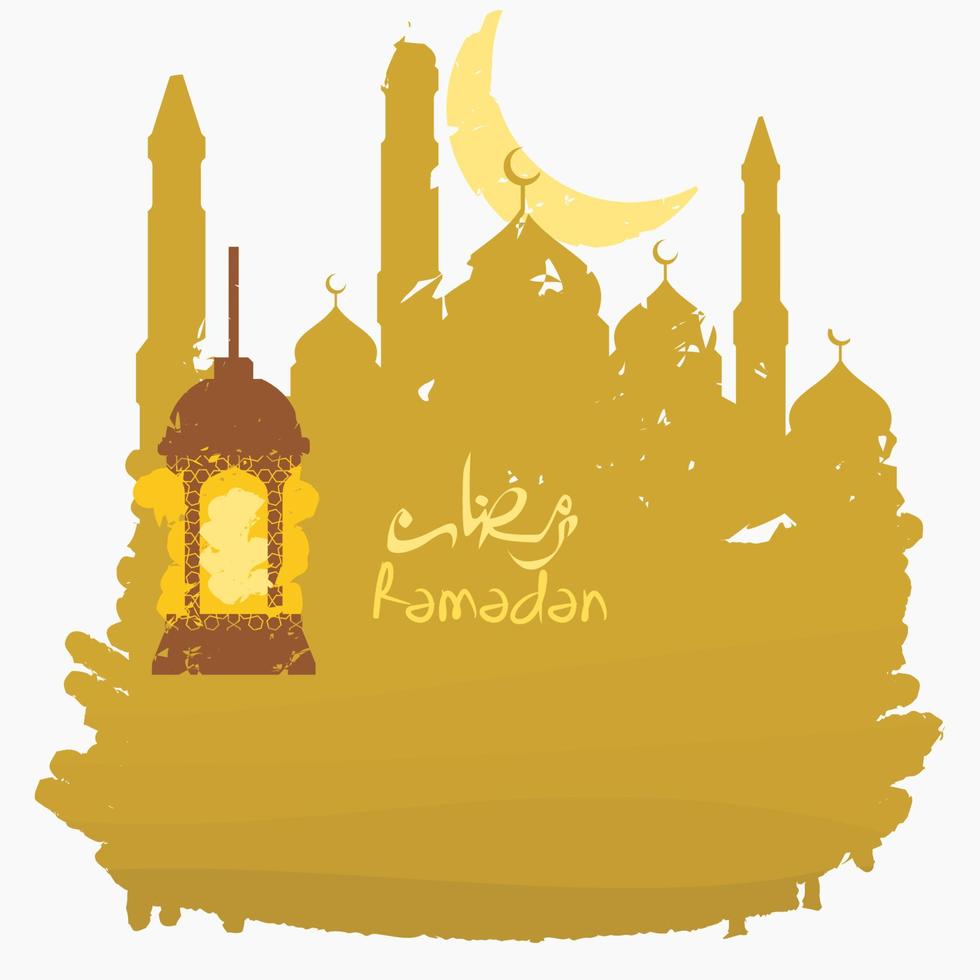 estilos de pinceladas editáveis de ilustração vetorial de lanterna árabe com silhueta de mesquita e lua crescente adicionados com script árabe do ramadã para o conceito de design de tema islâmico vetor