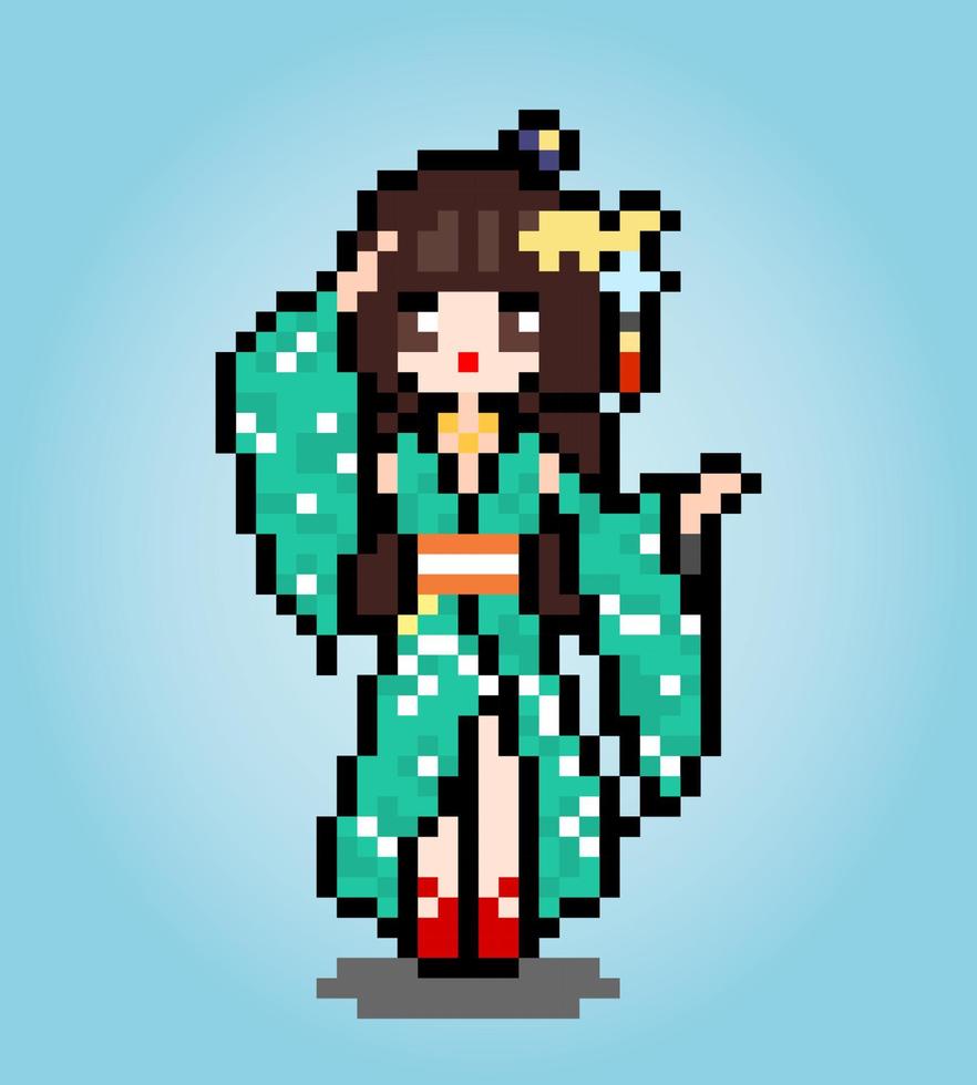 8 bits de personagem feminina de pixel. garota de desenho animado de anime usa roupas de quimono em ilustrações vetoriais para ativos de jogos ou padrões de ponto cruz. vetor