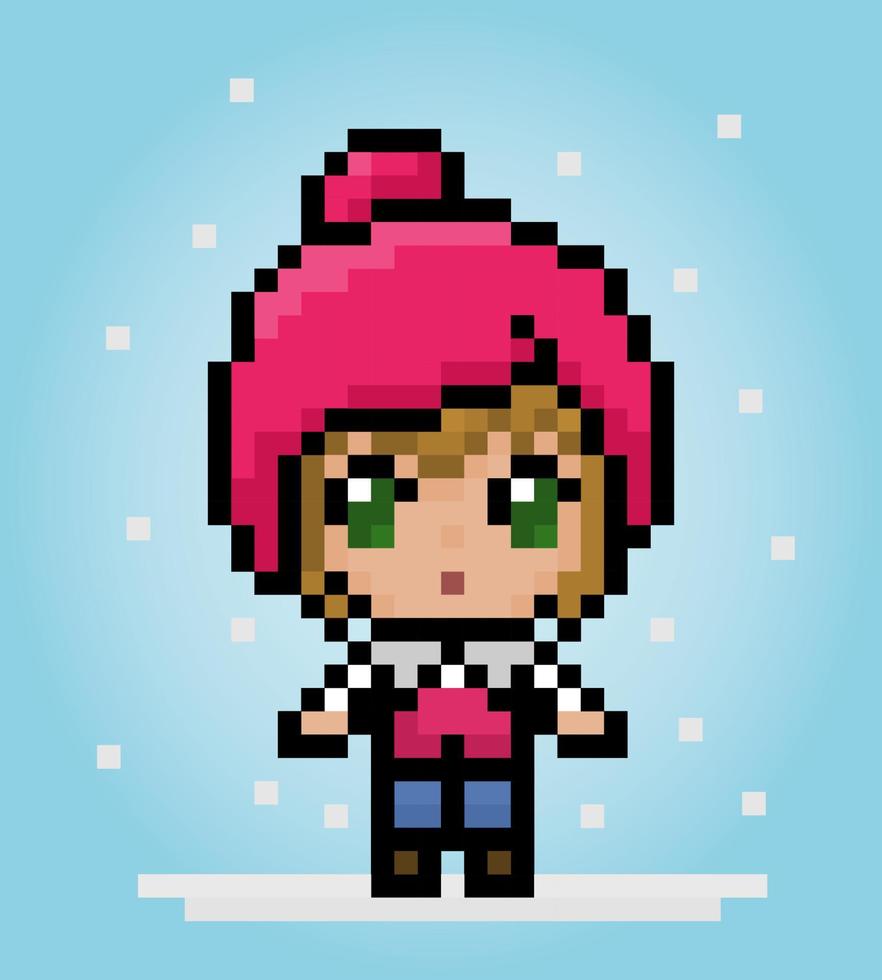8 bits de personagem feminina de pixel. garota de desenho animado de anime usa um chapéu em ilustrações vetoriais para ativos de jogos ou padrões de ponto de cruz. vetor