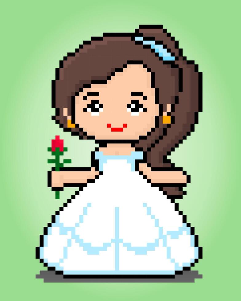 Garota de pixel de 8 bits segurando flores, pixels de princesa para ativos de jogos e padrões de ponto de cruz em ilustrações vetoriais. vetor