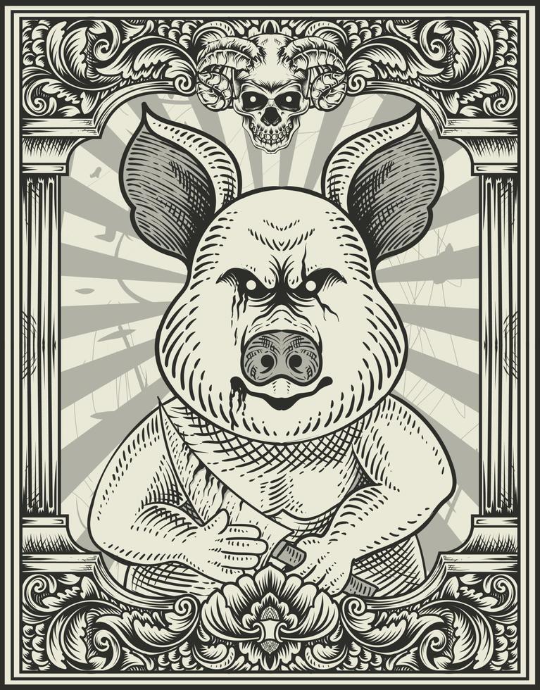 ilustração vintage psicopata porco com estilo de gravura vetor