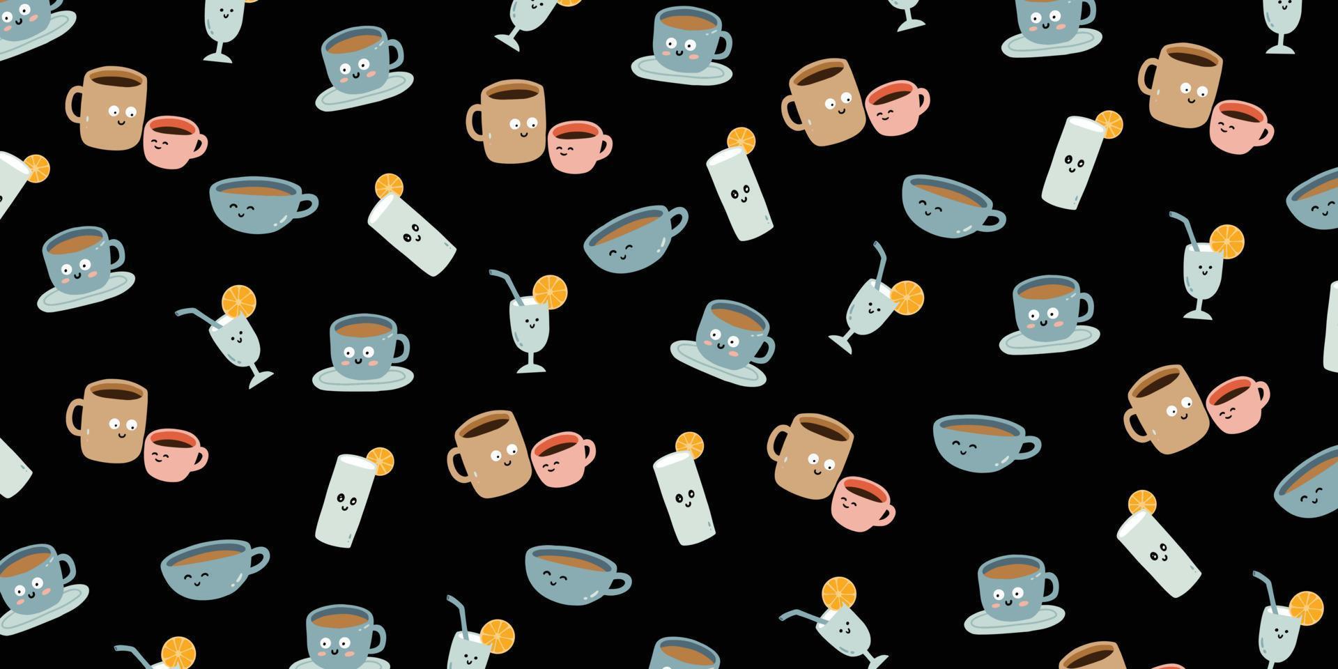 xícara de café e bebida para design de ilustração de fundo bonito. papel de parede em estilo desenhado à mão padrão vetor