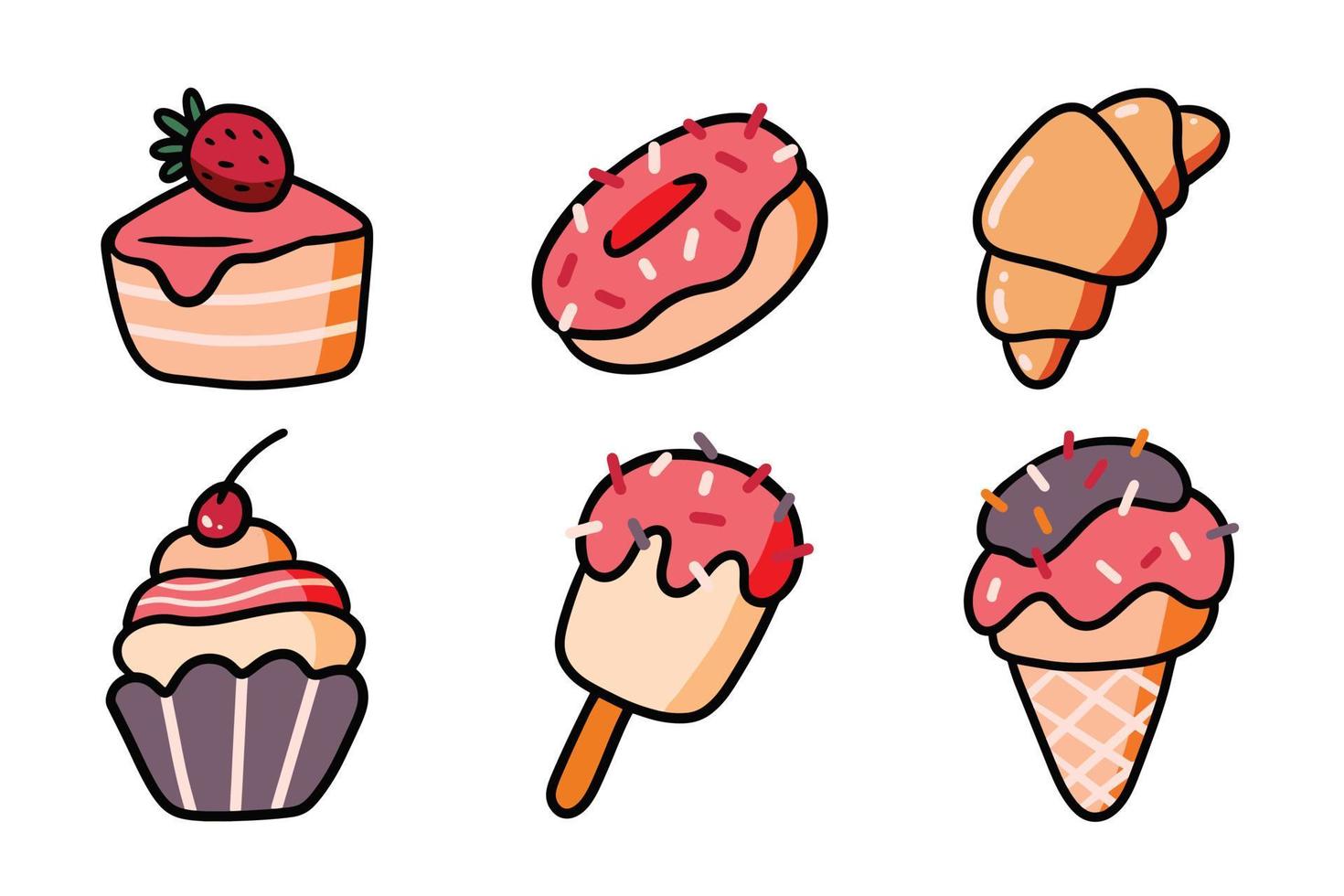 conjunto de design de ilustração de sobremesa doce. coleção de sorvete, rosquinha e bolo vetor