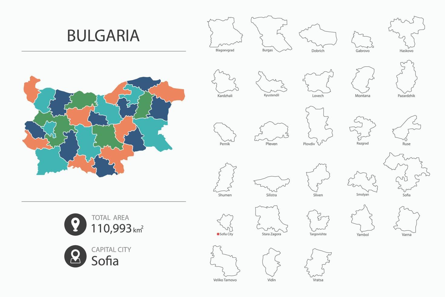 mapa da bulgária com mapa detalhado do país. elementos do mapa de cidades, áreas totais e capitais. vetor
