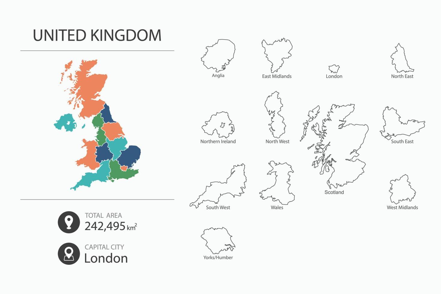 mapa do Reino Unido com mapa detalhado do país. elementos do mapa de cidades, áreas totais e capitais. vetor
