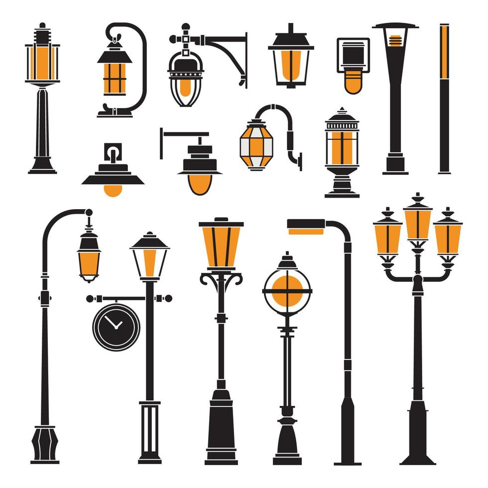 lâmpadas de rua e ícones de postes de luz vetor