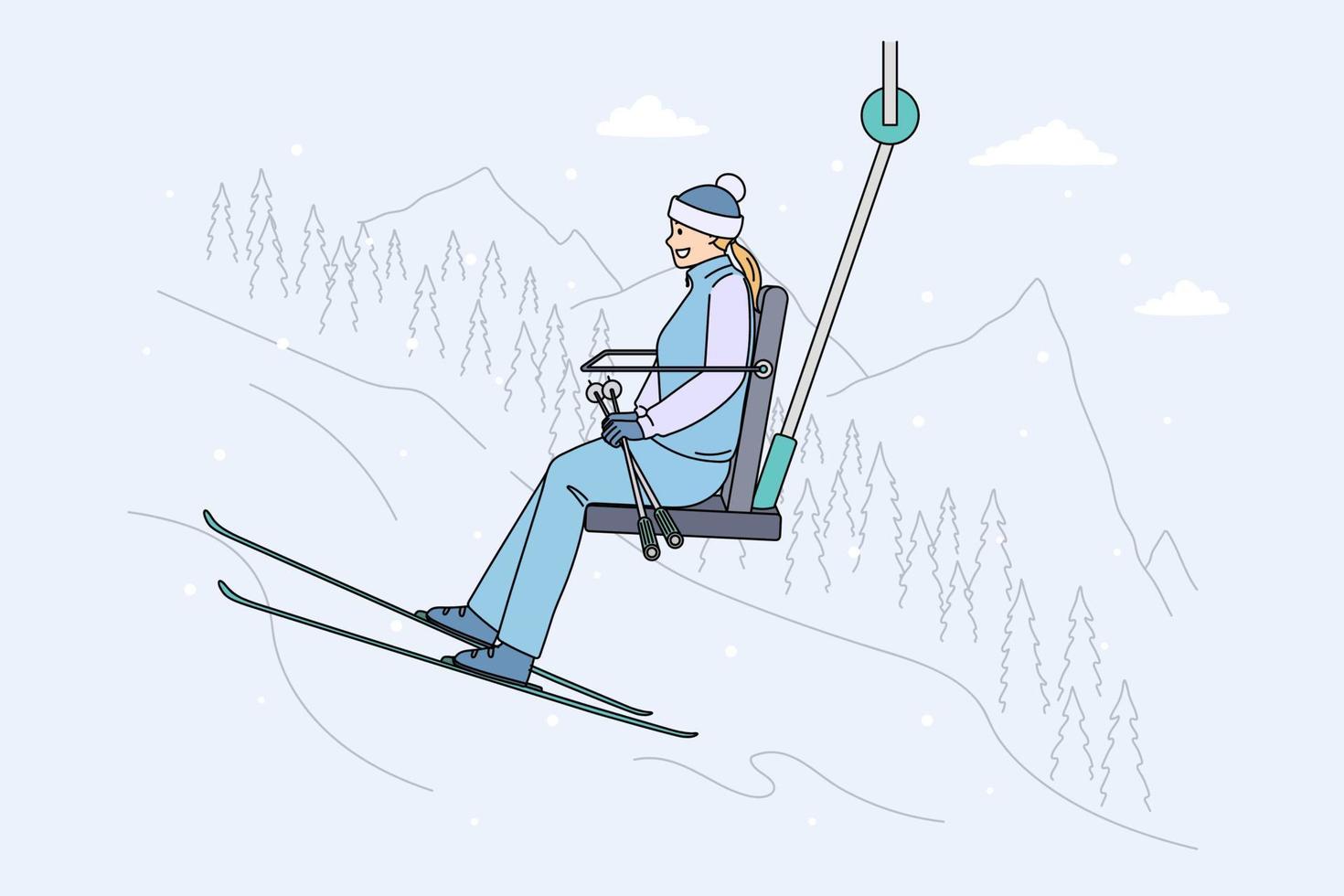 esporte de inverno e conceito de teleférico. esquiador positivo jovem subindo no teleférico para deslizar ladeira abaixo nas montanhas ao ar livre, desfrutando de ilustração vetorial de inverno vetor